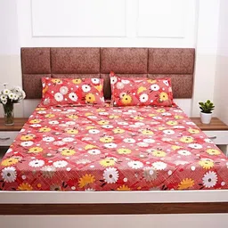 Adwitiya Collection Red & White Floral 210 TC Queen Bedsheet with 2 Pillow Covers image 4
