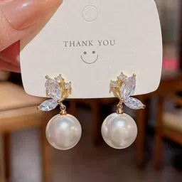 Estailo fashion Artificial Stones Studded And Beaded Spherical Shaped Drop Earrings image 4