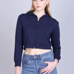 CORSICA Women Navy Blue Zipped Hooded Sweatshirt-image-0
