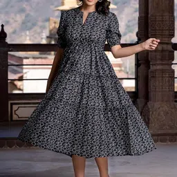 Femvy Floral Printed Gathered or Pleated Puff Sleeves Tiered Fit & Flare Midi Dress-picture-41