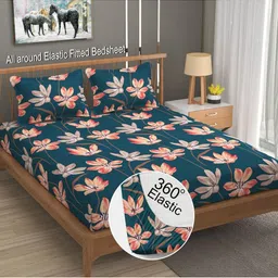 LA VERNE Teal Floral 110 TC Bedsheet with 2 Pillow Covers-picture-58