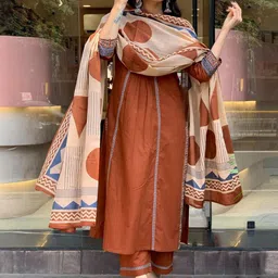 GoSriKi Floral Printed V-Neck A-Line Kurta With Trousers & Dupatta image 4