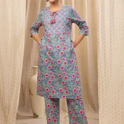 House Of Zelena Women Floral Printed Maternity Cotton Kurta with Trousers-image-54
