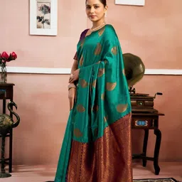 VASTRAAVEDAA Ethnic Motifs Zari Art Silk Handloom Banarasi Saree-image-10
