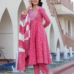 KALINI Women Floral Printed Regular Pure Cotton Kurta with Trousers & With Dupatta image 2