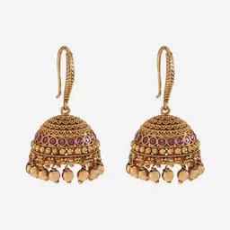 Kushal's Fashion Jewellery Gold-Plated Dome Shaped Stone Studded Antique Jhumkas image 2