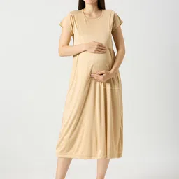 zebu Women Solid Round Neck Short Sleeve Maternity Nightdress-image-8