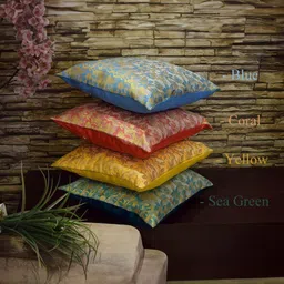 RoyalDeco Bageecha Blue 4 Pieces Ethnic Motifs Brocade Silk Square Cushion Covers image 4