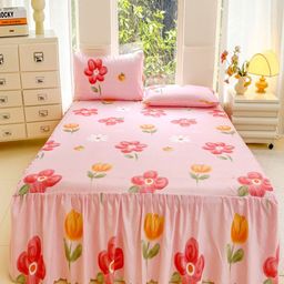 JC HOME Pink & Orange Floral 140 TC Single Bedsheet with 1 Pillow Covers-picture-1