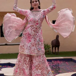 BANDIA Women Floral Printed Regular Mirror Work Kurta with Sharara & Dupatta-image-67