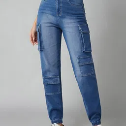 DOLCE CRUDO Women Light Fade Stretchable Cargo Denim Joggers-image-47