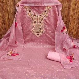 BlissFlair Floral Woven Design Thread Work Chanderi Cotton Unstitched Dress Material image 4