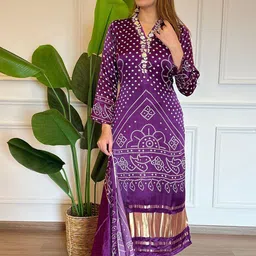 J.KANJI Women Bandhani Printed Thread Work Kurta With Trousers & Dupatta Kurta Sets image 4