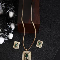 MODE MANIA Gold Plated Square Shaped Emerald Studded Jewellery Set-picture-39
