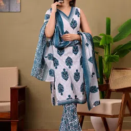 KALINI Women Ethnic Motifs Printed Regular Pure Cotton Kurta with Trousers & With Dupatta image 2