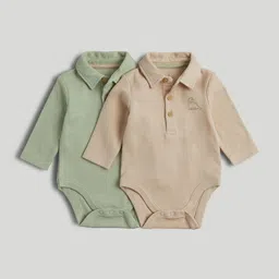 mothercare Infant Boys Pack Of 2 Self Designed Pure Cotton Shirt Collar Neck Bodysuit-image-0