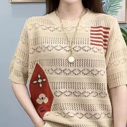 KPOP Women Self Design Round Neck Short Sleeves Pullover Sweater-picture-20