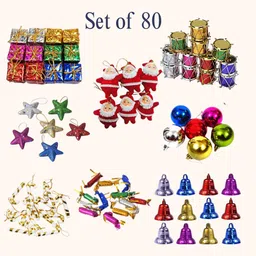 brijsun Christmas Tree Decoration | Bells, Stars, Santa, Drums & Gifts Hanging Ornaments Pack of 80 image 2
