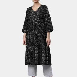 Linen Club Woman Black Geo Printed  A Line Kurta-picture-22