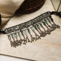 Teejh Heeral Green Silver Oxidized Choker Necklace-picture-30