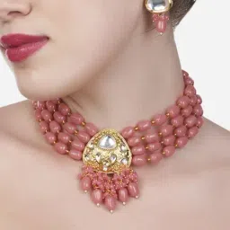 Zaveri Pearls Pink Multistrand Beaded Kundan Choker Necklace & Earring Set-ZPFK13573-picture-14