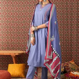 Indo Era Ethnic Motifs Embroidered Sequinned Pure Cotton Kurta With Trousers & Dupatta image 3