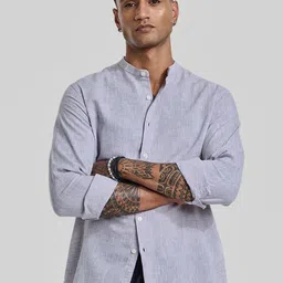 Snitch Men Smart Band Collar Solid Linen Slim Fit Casual Shirt-picture-34