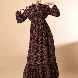 LookShine Women Printed Tie-Up Neck Puff Sleeves Fit and Flare Maxi Dress image 4