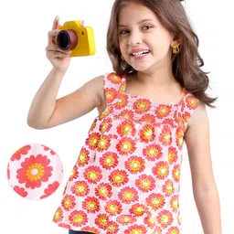 Babyhug Cotton Knit Sleeveless Top with Smocking & Floral Print - White-picture-24