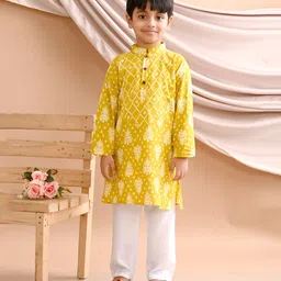 Kinder Kids Full Sleeves Ethnic Motif  Designed Kurta Pyjama - Yellow-picture-11