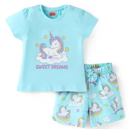 Babyhug Cotton Knit Half Sleeves Shorts Night Suit with Unicorn Print - Light Blue-picture-20