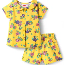 Babyhug Cotton Knit Half Sleeves Peter Pan Collared Co-ords Shorts Night Suit with Floral Print - Yellow-picture-15