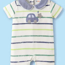 kookie kids india Kookie Kids Interlock Knit Half Sleeves Striped Romper With Vehicle Embroidery - White-picture-31