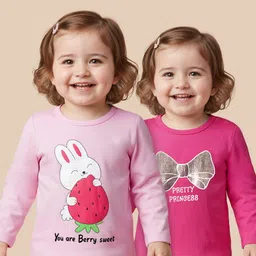Babyoye 100% Cotton Knit Eco Jiva Finish Full Sleeves T-Shirts With Bunny Print Pack Of 2 - Pink & Dark Pink-picture-20