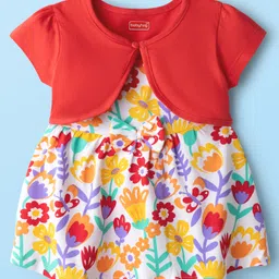 Babyhug Single Jersey Knit Frock & Half Sleeves Shrug With Floral Print - Dark Pink & White-picture-16