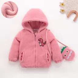 Mark & Mia Full Sleeves Fur Hooded Winter Jacket With Dino Embroidery & Sling Bag - Pink-picture-23