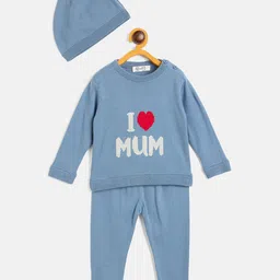 JWAAQ Cotton Knit Family Theme Full Sleeves I Love Mum Designed Sweater & Pant With Cap Set - Blue-picture-42