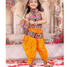 KID1 Cotton Woven Navratri Theme Sleeveless Ethnic Embroidered Mirror Work Embellished Crop Top & Bandhani Designed Dhoti With Cap Set - Yellow-picture-14