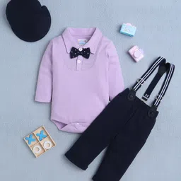 BUMZEE Cotton Knit Full Sleeves Solid & Attached Bow Onesie & Pant Set With Suspender & Cap - Lavender & Navy-picture-15