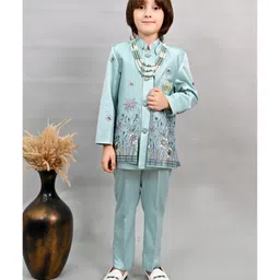 BT DEZINES Satin Woven Solid Sherwani Trouser With Full Sleeves Floral Embroidered Jacket & Necklace Set - Teal Blue-picture-28