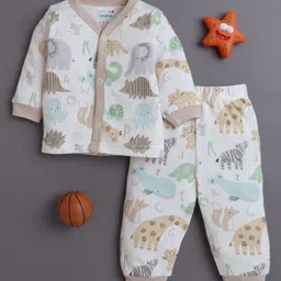 BUMZEE Cotton Knit Full Sleeves Co-ords Night Suit With Animal Print - White-image-94