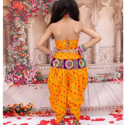 KID1 Cotton Woven Navratri Theme Sleeveless Ethnic Embroidered Mirror Work Embellished Crop Top & Bandhani Designed Dhoti With Cap Set - Yellow image 3