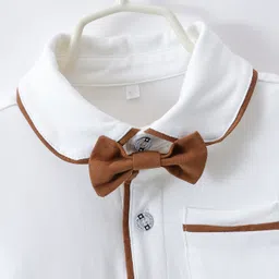 Mark & Mia Cotton Full Sleeves Onesie & Trouser Set with Suspender & Hat & Bow Applique - White & Brown image 3