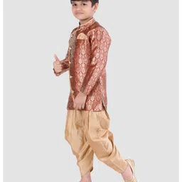 Pehanaava Brocade Full Sleeves Damask Foil Printed Sherwani With Dhoti Set - Red image 4