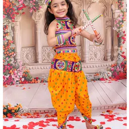 KID1 Cotton Woven Navratri Theme Sleeveless Ethnic Embroidered Mirror Work Embellished Crop Top & Bandhani Designed Dhoti With Cap Set - Yellow image 4