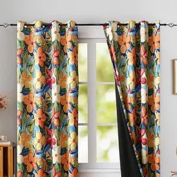 BFAM Orange Floral Thermal Insulated Set of 2 Floral Door Black Out Eyelet Curtains-picture-46