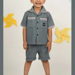 LITTLE COLLARS Boys Self Design Polo Collar Long Sleeves Pure Cotton Shirt With Shorts-image-80