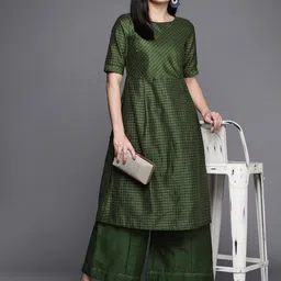 Biba Women Green & Golden Tila Dozi Checked Straight Kurta with Palazzos-image-23