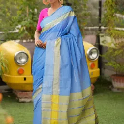 Unnati Silks Blue Cotton Woven Saree With Unstitched Blouse-image-21