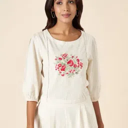 Akkriti by Pantaloons Cream Cotton Embroidered Top-picture-39